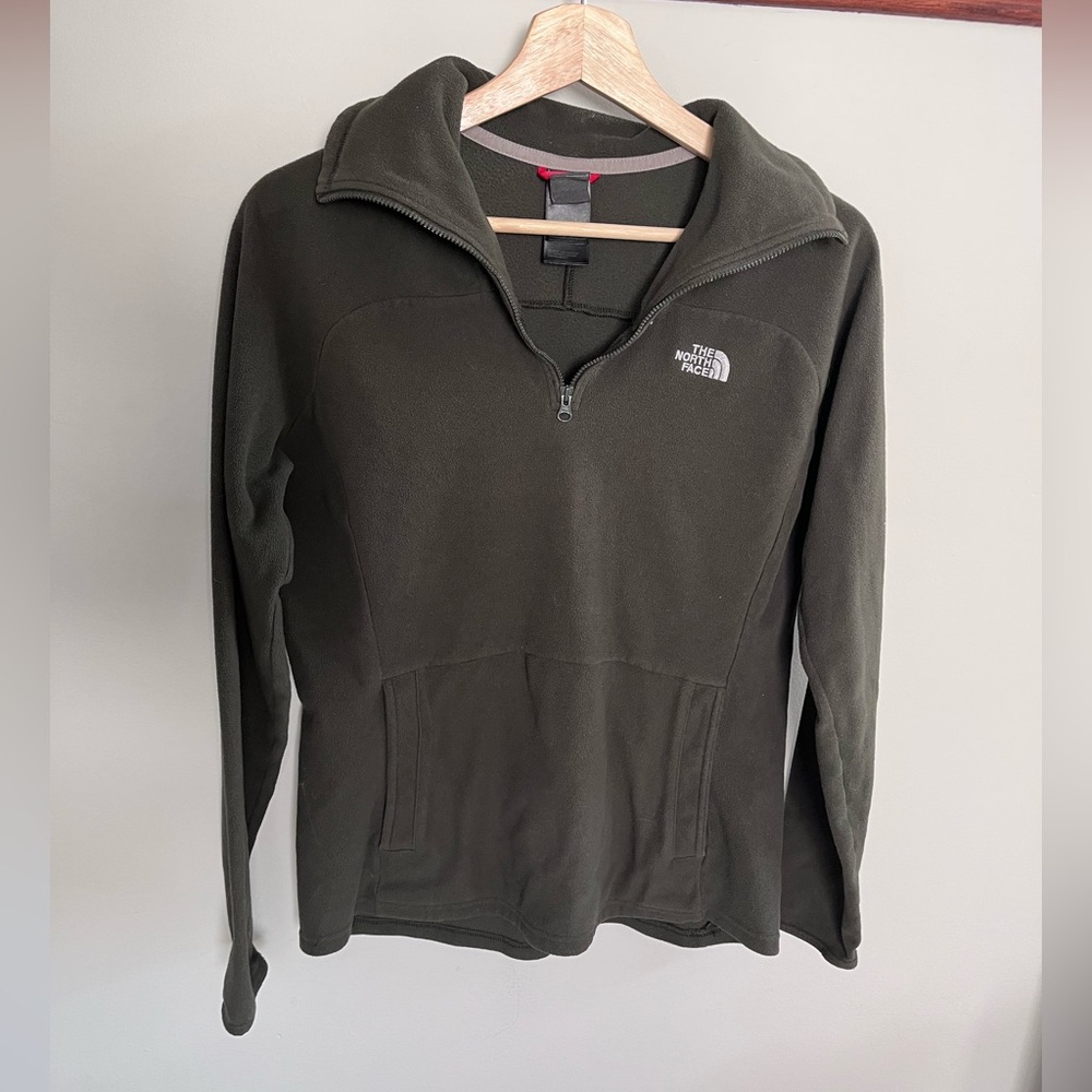 The North Face Olive Green Quarter Zip Fleece Pullover Kangaroo Pocket